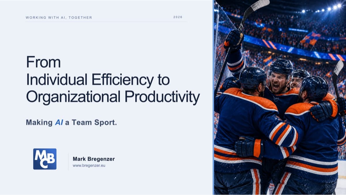 Title slide of the talk: From Individual Efficiency to Organizational Productivity, Making AI a Team Sport